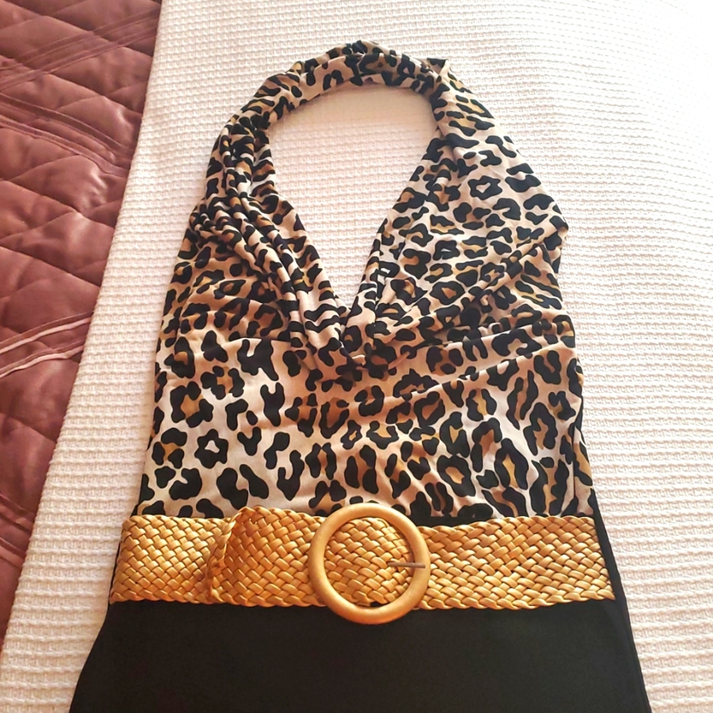 Wet Seal Leopard Print Mini Halter Top with Gold Belt - Picture 3 of 5